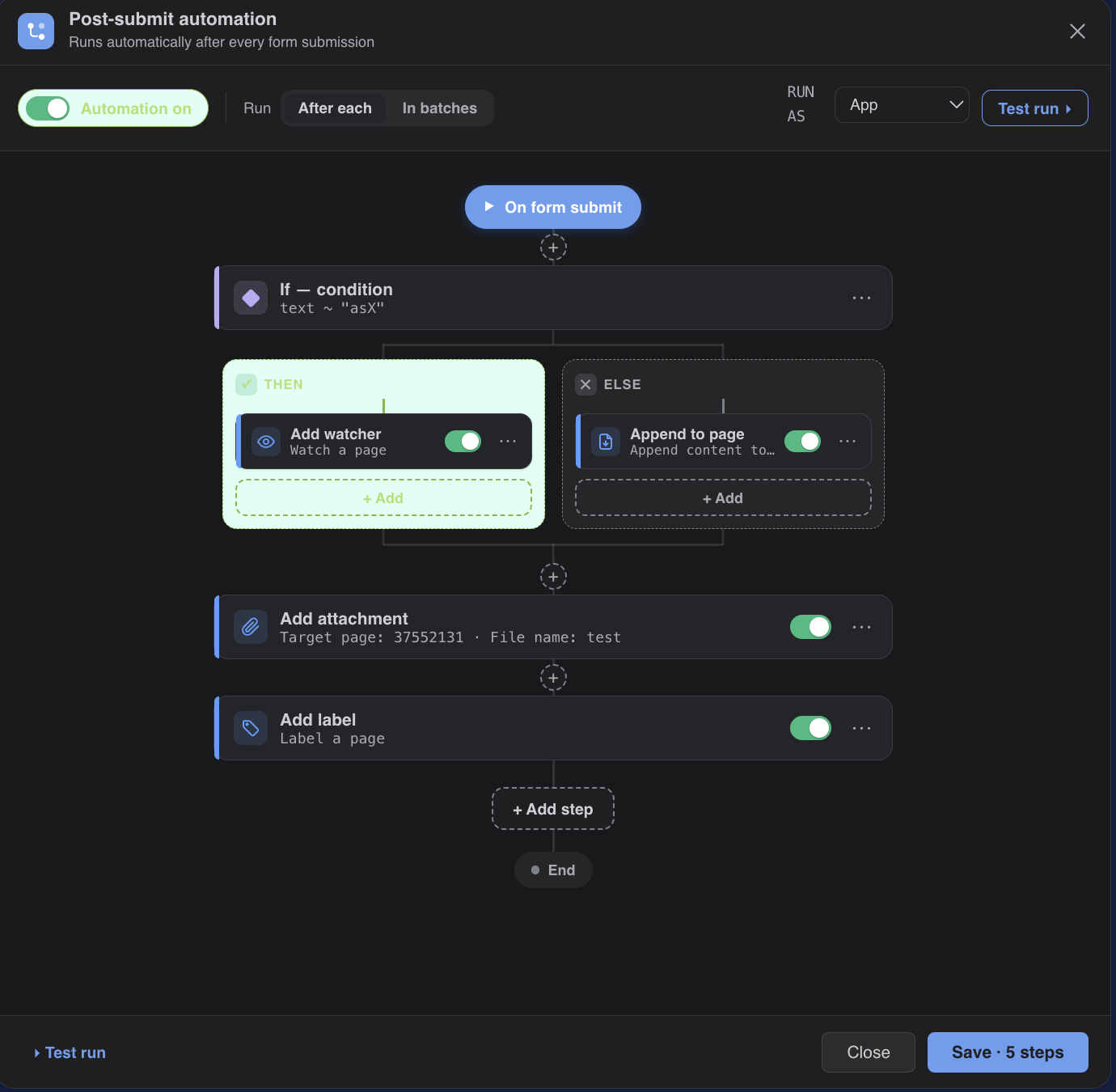 Automation canvas with a trigger, action steps, and an If/Else branch